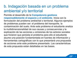 Permite el desarrollo de la Competencia gestiona
responsablemente el espacio y el ambiente. Inicia con la
formulación del problema ambiental o territorial. Algunos ejemplos
de problemas pueden ser: el problema del transporte, la
contaminación del suelo. Ante este problema el estudiante analiza
la multidimensionalidad de sus causas y consecuencias y la
explicación de las acciones u omisiones de los actores sociales
que hicieron que persista el problema para ello el estudiante
asume una posición fundamentada en fuentes de información y
herramientas cartográficas con lo que presentará una propuesta
de acciones ante este problema presentado. Las características
de esta propuesta estan detalladas en las bases.
b. Indagación basada en un problema
ambiental y/o territorial
19
 