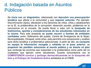 Se inicia con un diagnóstico, relacionado con descubrir una preocupación
temática que afecte a la comunidad y que requiere solución. Por ejemplo:
Discriminación (tipos); afectación a los Derechos de niños, niñas y adolescentes
en la IE, la problemática de la corrupción; deserción escolar; problemas en la
convivencia en la escuela. Se puede llevar a cabo con la búsqueda de
testimonios, aportes y consideraciones de los estudiantes interesados en
la misma. Para este propósito se puede recurrir a fuentes de entidades
confiables como: Defensoría del pueblo, Centro de Emergencia de la Mujer,
Municipalidades, Omaped, entre otros. esto permitirá una comprensión y análisis
para dicha temática o problemática seleccionada. A partir de ello, se comparte
en equipo la información recogida y validada en el paso anterior, se
proponen las posibles soluciones al asunto público y se diseña un plan
que contenga las acciones que respondan a la problemática como parte del rol
ciudadano que ejercen como estudiantes. Guarda concordancia con la
COMPETENCIA convive y participa democráticamente en la búsqueda del
bien y el Enfoque de Ciudadanía Activa señalados en el CNEB
d. Indagación basada en Asuntos
Públicos
21
 