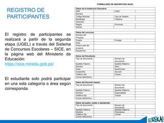 27
REGISTRO DE
PARTICIPANTES
El registro de participantes se
realizará a partir de la segunda
etapa (UGEL) a través del Sistema
de Concursos Escolares – SICE, en
la página web del Ministerio de
Educación:
https://sice.minedu.gob.pe/
El estudiante solo podrá participar
en una sola categoría o área según
corresponda.
FORMULARIO DE INSCRIPCIÓN (SICE)
Datos de la Institución Educativa
DRE UGEL
Nombre
Código Modular Tipo de Gestión
Modalidad Teléfono
Dirección
Región Provincia
Distrito
Datos del concurso
Nombre del
Proyecto
Puesto Puntaje
Área
Enlace web del
proyecto
Seudónimo
Datos del Estudiante
Tipo de documento Número de
documento
Apellido Paterno Apellido Materno
Nombre Sexo
Edad Nivel/Grado
Grado/Año Sección
Teléfono fijo Celular
Correo electrónico
Datos del Docente Asesor
Tipo de documento Número de
documento
Apellido Paterno Apellido Materno
Nombre Especialidad
Teléfono fijo Celular
Correo electrónico
Datos del padre, madre o Apoderado
Tipo de documento Número de
documento
Apellido Paterno Apellido Materno
Nombre Parentesco
Teléfono fijo Celular
Correo electrónico
 