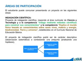 7
El estudiante puede concursar presentando un proyecto en las siguientes
áreas:
INDAGACIÓN CIENTÍFICA:
Proyecto de indagación científica, responde al área curricular de Ciencia y
Tecnología y a la competencia “Indaga mediante métodos científicos
para construir sus conocimientos” y la competencia “Explica el mundo
físico basado en conocimientos sobre seres vivos, materia y energía,
biodiversidad, Tierra y universo”, establecidos en el Currículo Nacional de
Educación Básica.
El proyecto de indagación científica podrá ser de carácter descriptivo
(observación sistemática) o contestando una pregunta (analizando una
hipótesis).
ÁREAS DE PARTICIPACIÓN
 