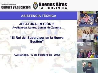 ASISTENCIA TÉCNICA JEFATURA  REGIÓN 2 Avellaneda, Lanús, Lomas de Zamora “ El Rol del Supervisor en la Nueva Gestión” Avellaneda,  13 de Febrero de  2012 