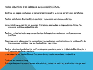 Realiza seguimiento a los pagos para su cancelación oportuna.
Controla los pagos efectuados al personal administrativo u obrero por diversos beneficios.
Realiza solicitudes de dotación de equipos y materiales para la dependencia.
Lleva registro y control de los recursos financieros asignado a la dependencia, fondo fijo,
avance a justificar, caja chica, etc.
Recibe y revisa las facturas y comprobantes de los gastos efectuados con los avances a
justificar.
Elabora y envía a la unidad de contabilidad memorándum con los factores de justificación de
los avances a justificar y de los fondos fijos y caja chica.
Realiza trámites de solicitud de verificación presupuestaria, ante la Unidad de Planificación y
Programación Presupuestaria.
creaciones de los fondos fijos de funcionamiento, fondos especiales y caja chica.
Controla los incrementos y
Entrega cheques correspondientes a la nómina y revisa los recibos y envía al archivo general.
 