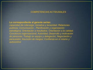 COMPETENCIAS ACTIDUNALES



Lo correspondiente al gerente serían:
capacidad de Liderazgo; Iniciativa y tenacidad; Relaciones
públicas; Comunicación ; Planificación y organización
estratégica; Orientación a resultados; Orientación a la calidad;
Conciencia organizacional; Autoridad; Desarrollo y motivación
de personas; Trabajo en equipo y delegación; Negociación y
persuasión; Asunción de riesgos; Confianza en sí mismo y
autocontrol.
 