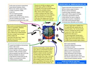 INVENTARIO DE OBSERVACION DE I.M.
   Escribe cosas que merecen reconocimiento             Comunica con claridad sus imágenes visuales
   Inventa historias fantásticas, chistes …             Entiende mapas y gráficos sin dificultad                  Pregunta mucho sobre cómo funcionan las cosas
   Memoriza bien nombres, lugares, fechas …             Es imaginativo. Ve las cosas de manera diferente          Disfruta en tareas o juegos de números
   Le gustan crucigramas, scrabble …                    Disfruta con las actividades artísticas                   Disfruta en clase de matemáticas
   Le gusta leer                                        Dibuja, colorea o diseña imágenes a gusto                 Le gustan los juegos matemáticos y lógicos
   Tiene una ortografía apropiada                       Le gusta ver películas, hacer fotos o vídeos …            Juega a ajedrez, damas, juegos de estrategia …
   Le gustan rimas, trabalenguas, …                     Le gustan rompecabezas, 7 errores, laberintos …           Le gusta hacer experimentos de ciencias
   Disfruta escuchando radio, cuentos, historias …      Hace construcciones en 3-D interesantes                   Le gusta clasificar las cosas en categorías
   Tiene buen vocabulario para su edad                  Se fija más en las imágenes que en los textos             Le gusta jugar con puzzles y rompecabezas
   Al comunicarse con los demás es muy verbal           Hace “dibujitos” a menudo en los cuadernos                Tiene un buen nivel de pensamiento lógico
                                                                                                                  Le interesan temas relacionados con las ciencias

Sabe expresar sus emociones/sentimientos                                                                                 Destaca en algún deporte o habilidad física
Conoce sus capacidades y debilidades                                                                                     Le resulta difícil estar sentado mucho rato
Juega y estudia bien a solas                                                                                             Imita bien gestos y “tics” de otras personas
Lleva “distinto” ritmo de vivir / aprender                                                                               Desarma y recompone las cosas con gusto
Tiene un hobby del que no habla demasiado                                                                                Le gusta correr, bailar, luchar, saltar …
Se motiva y consigue lo que se propone                                                                                   Necesita tocar todo lo que ve
Prefiere trabajar solo                                                                                                   Se expresa gesticulando, haciendo teatro…
Tiene claro lo que quiere hacer / lograr                                                                                 Habla de sus diferentes sensaciones físicas
Aprende de sus errores y éxitos                                                                                          Trabaja a gusto con las manos: barro, pintura…
Tiene buena autoestima                                                                                                   Es hábil en tareas manuales: madera, costura…

                                                                                                                       Nota la música desafinada
   Le gustan las actividades con más personas                                                                          Recuerda las melodías de las canciones
   Parece un líder natural                                                                                             Tiene buena voz al cantar
   Aconseja a amigos con problemas                   Disfruta con temas de Natu, animales, plantas…                    Toca un instrumento o canta en un grupo/coro
   Se las arregla bien en diversos ambientes         Cuida y observa con detenimiento las plantas                      Habla y/o se mueve de forma rítmica
   Pertenece a clubes, comisiones, grupos …          Defiende los derechos de animales, la Tierra…                     Canturrea para sí, inconscientemente
   Disfruta enseñando lo que sabe a otros niños      Clasifica sus objetos naturales al guardarlos                     Golpea rítmicamente la mesa al trabajar
   Manifiesta habilidades de mediación               A menudo ronda la zona de las mascotas                            Sensible a los sonidos del medio: ej lluvia…
   Escoge deportes de equipo antes que indiv.        Lleva a clase bichos, flores, hojas…y los enseña                  Pone atención cuando comienza a sonar música
   Empatiza y se preocupa por los demás              Explica con detalle el funcionamiento de algo                     Conoce de memoria bastantes canciones
   Los demás buscan su compañía                      Goza en salidas al campo, eco-museos, zoo…
                                                     Muestra sensibilidad por formaciones naturales              Puntúa así al lado de cada frase:
                                                     Domina algún tema de la Natu: animales, ríos, …       0=nunca 1=a veces 2=casi siempre 3=siempre
 