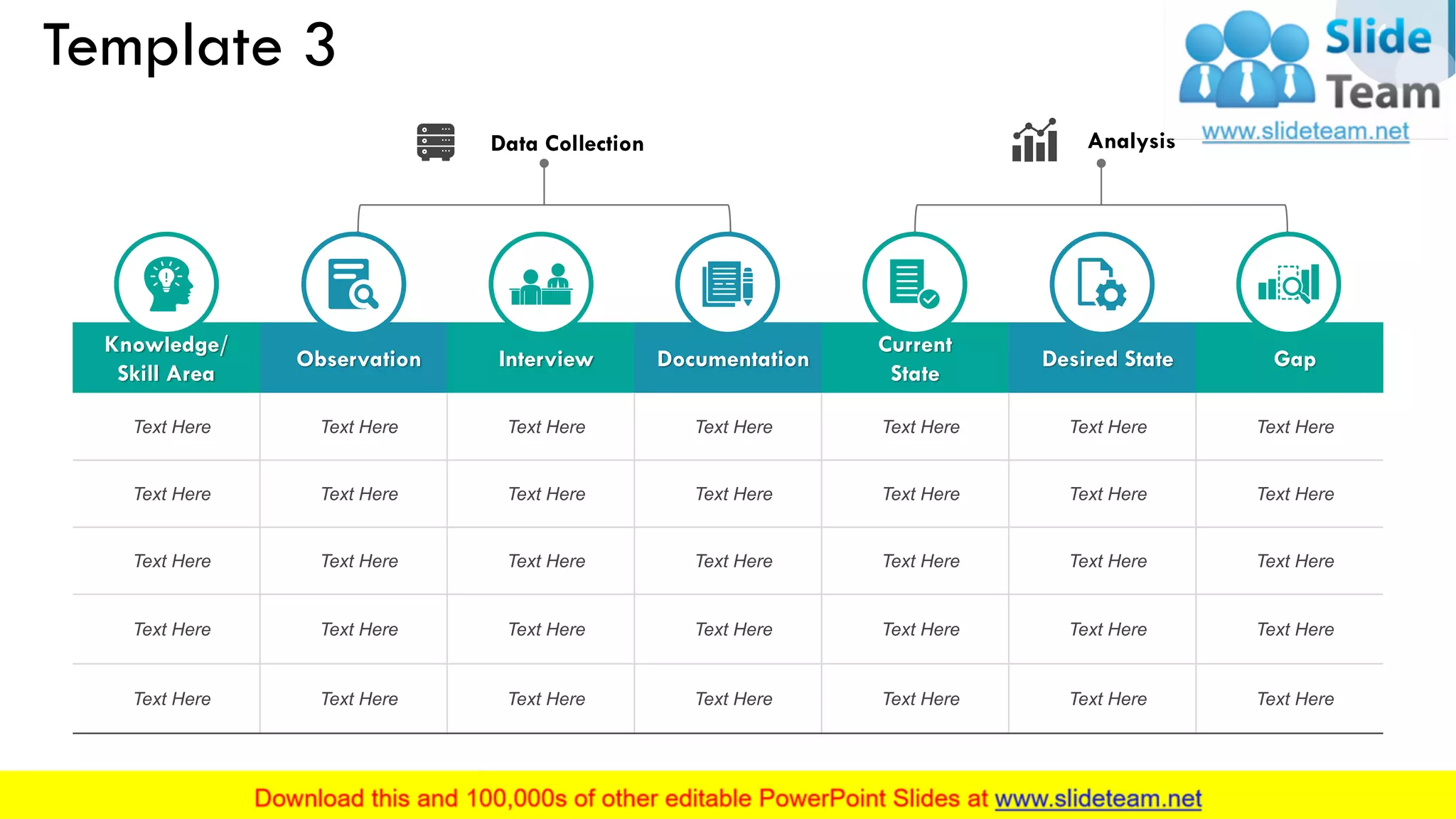 Template 3
Knowledge/
Skill Area
Observation Interview Documentation
Current
State
Desired State Gap
Text Here Text Here Text Here Text Here Text Here Text Here Text Here
Text Here Text Here Text Here Text Here Text Here Text Here Text Here
Text Here Text Here Text Here Text Here Text Here Text Here Text Here
Text Here Text Here Text Here Text Here Text Here Text Here Text Here
Text Here Text Here Text Here Text Here Text Here Text Here Text Here
This slide is 100% editable. Adapt it to your needs and capture your audience's attention.
Data Collection Analysis
4
 