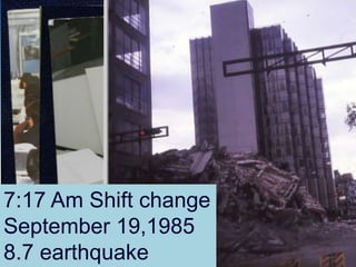 Access de
 Mexico




7:17 Am Shift change
September 19,1985
8.7 earthquake
 