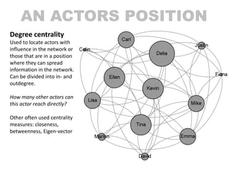 AN ACTORS POSITION
Degree centrality
Used to locate actors with
influence in the network or
those that are in a position
w...