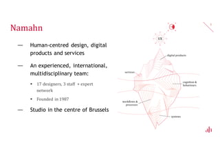 Namahn
— Human-centred design, digital
products and services
— An experienced, international,
multidisciplinary team:
 17 designers, 3 staff + expert
network
 Founded in 1987
— Studio in the centre of Brussels
3
 