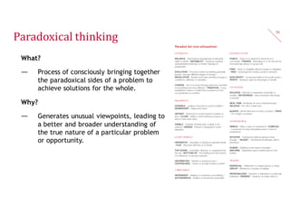 Applied to the child obesity case...
— Short versus long term (= time)
— Global versus local (= presence)
— Playful versus serious (= attitude)
— Easy-going versus disciplined (= culture)
56
 