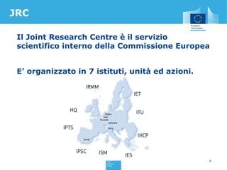 JRC
Il Joint Research Centre è il servizio
scientifico interno della Commissione Europea
E’ organizzato in 7 istituti, uni...