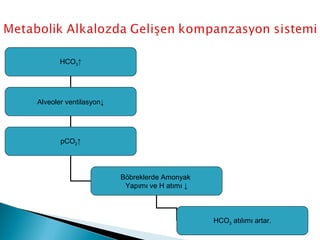 HCO3↑
Alveoler ventilasyon↓
pCO2↑
Böbreklerde Amonyak
Yapımı ve H atımı ↓
HCO3 atılımı artar.
 