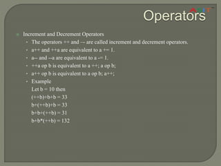 Operators
 Increment and Decrement Operators
• The operators ++ and –- are called increment and decrement operators.
• a++ and ++a are equivalent to a += 1.
• a-- and --a are equivalent to a -= 1.
• ++a op b is equivalent to a ++; a op b;
• a++ op b is equivalent to a op b; a++;
• Example
Let b = 10 then
(++b)+b+b = 33
b+(++b)+b = 33
b+b+(++b) = 31
b+b*(++b) = 132
 