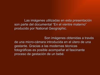 Las imágenes utilizadas en esta presentación son parte del documental “En el vientre materno” producido por National Geographic.   Son imágenes obtenidas a través de una micro-cámara introducida en el útero de una gestante. Gracias a las modernas técnicas fotográficas es posible acompañar el fascinante proceso de gestación de un bebé . 