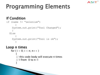 Programming Elements
If Condition
if (name != “selenium”)
{
System.out.print(“Tool Changed”);
}
Else
{
System.out.print(“Tool is ok”);
}
Loop n times
for ( i = 0; i < n; n++ )
{
// this code body will execute n times
// I from 0 to n-1
}
 