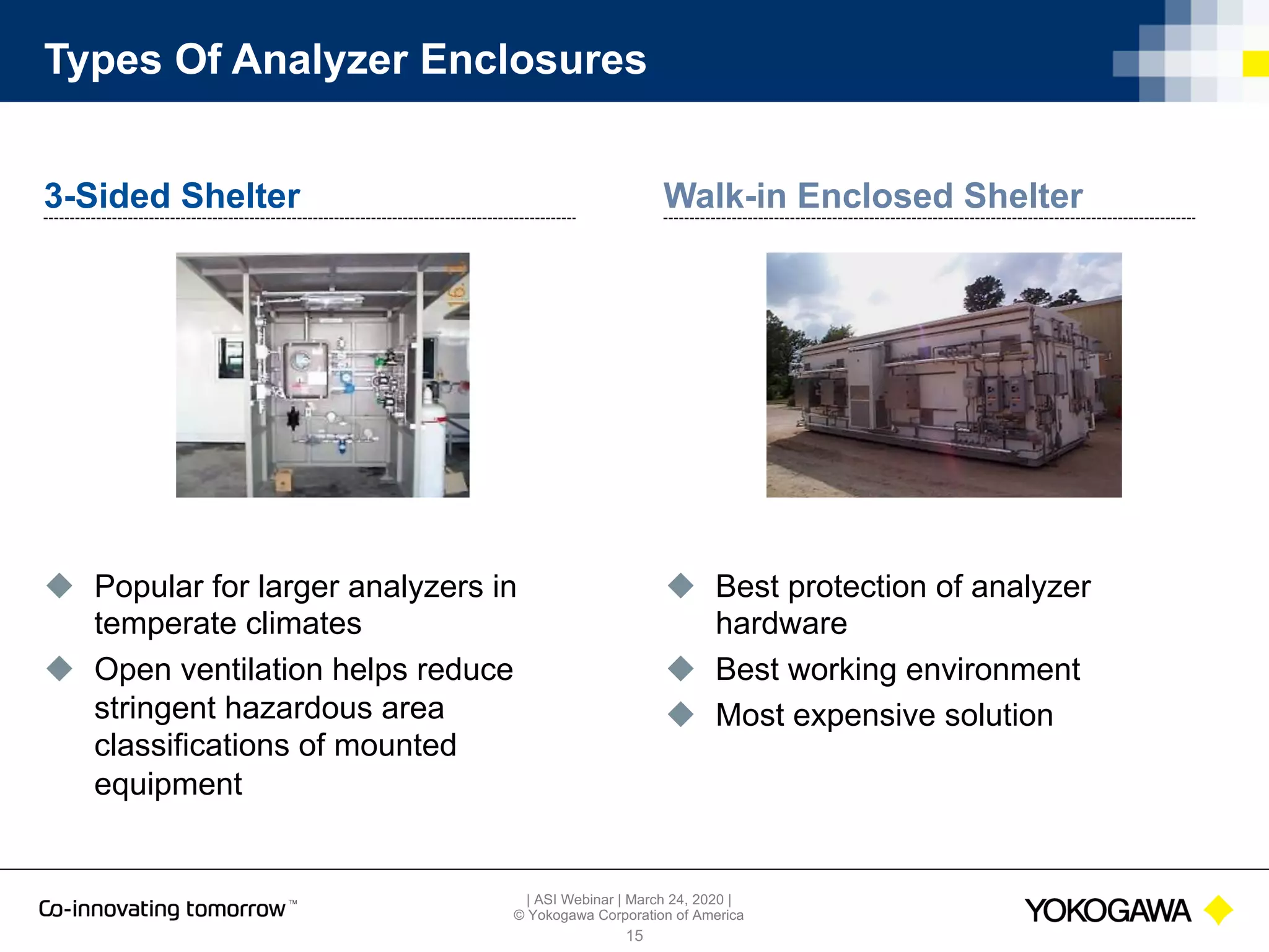 | ASI Webinar | March 24, 2020 |
© Yokogawa Corporation of America
Types Of Analyzer Enclosures
u Popular for larger analyzers in
temperate climates
u Open ventilation helps reduce
stringent hazardous area
classifications of mounted
equipment
15
u Best protection of analyzer
hardware
u Best working environment
u Most expensive solution
3-Sided Shelter Walk-in Enclosed Shelter
 