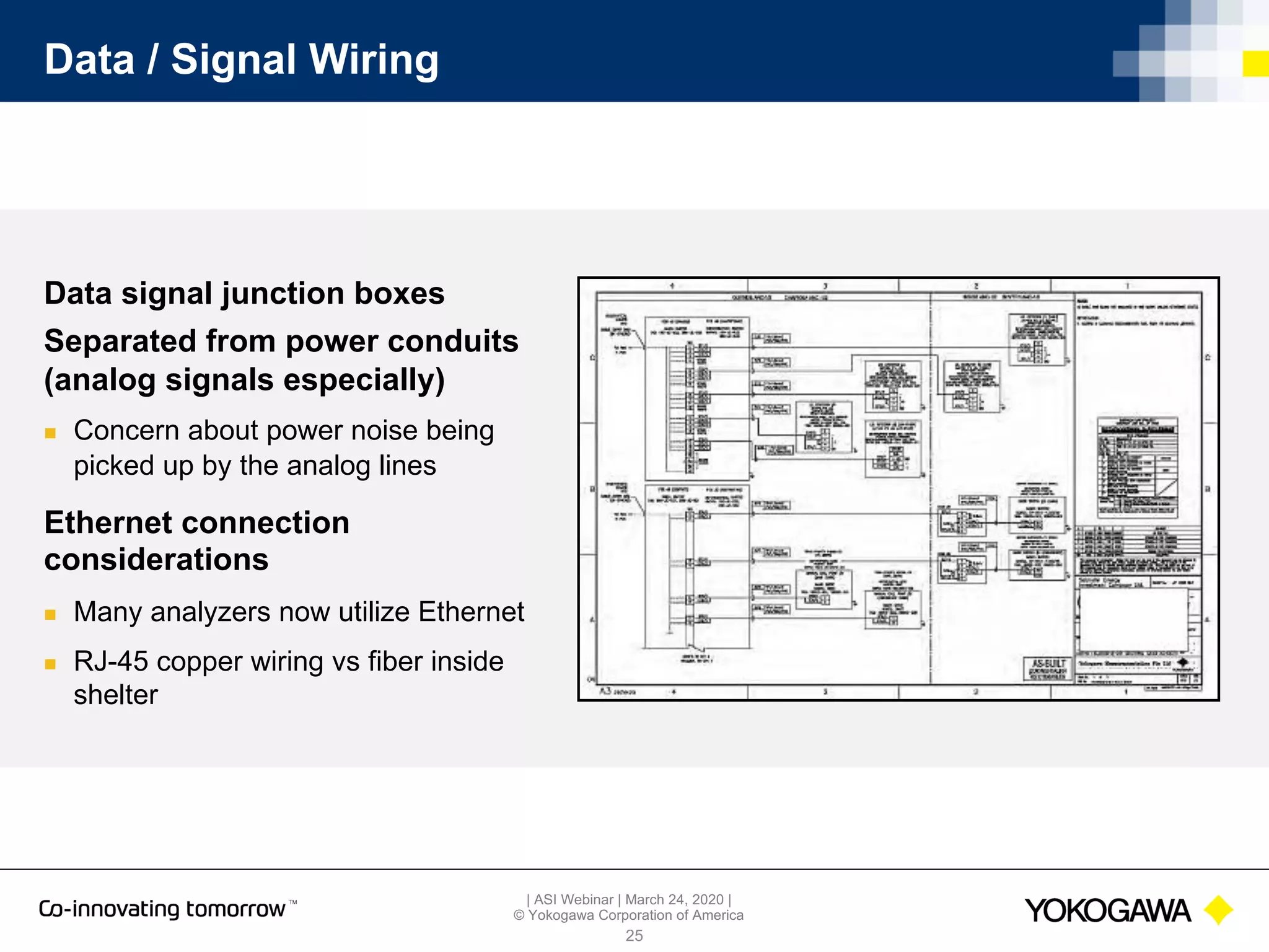 | ASI Webinar | March 24, 2020 |
© Yokogawa Corporation of America
Data / Signal Wiring
25
Data signal junction boxes
Separated from power conduits
(analog signals especially)
n Concern about power noise being
picked up by the analog lines
Ethernet connection
considerations
n Many analyzers now utilize Ethernet
n RJ-45 copper wiring vs fiber inside
shelter
 