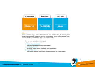 Observe
Listen to reactions on your content. See what people share with each other. By observing which
stories share better than others, you learn how to improve your content creation process. Install
real-time monitoring tools to follow up on your content marketing.

    There are three success parameters to use:

     1. Reach of content sharing:
        How many people are consuming your content?
     2. Sentiment of content:
        Are people positive, neutral or negative about your content?
     3. Impact of content:
        Is the opinion of people towards your company improving due to your content?
 