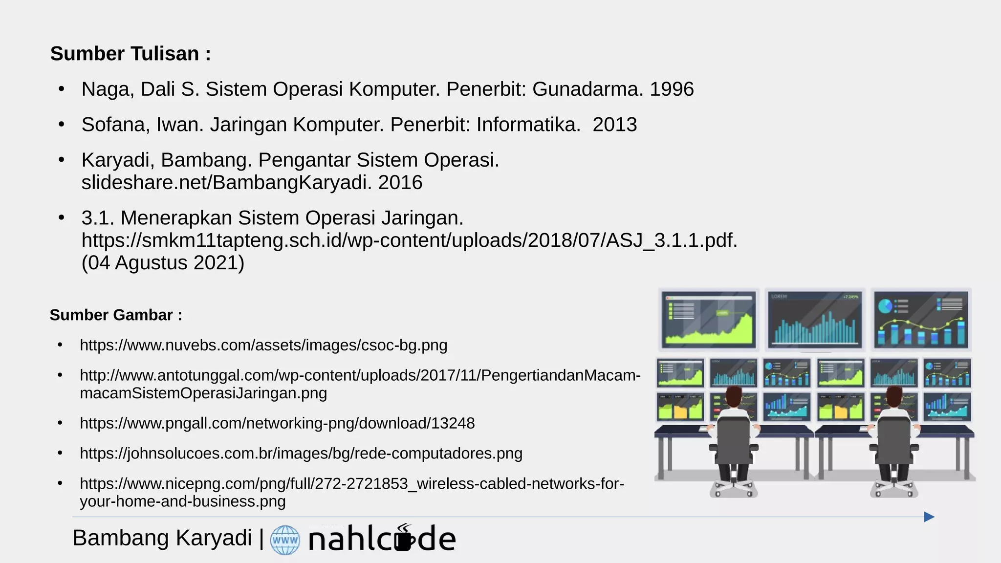 Sumber Tulisan :
●
Naga, Dali S. Sistem Operasi Komputer. Penerbit: Gunadarma. 1996
●
Sofana, Iwan. Jaringan Komputer. Penerbit: Informatika. 2013
●
Karyadi, Bambang. Pengantar Sistem Operasi.
slideshare.net/BambangKaryadi. 2016
●
3.1. Menerapkan Sistem Operasi Jaringan.
https://smkm11tapteng.sch.id/wp-content/uploads/2018/07/ASJ_3.1.1.pdf.
(04 Agustus 2021)
Bambang Karyadi |
Sumber Gambar :
●
https://www.nuvebs.com/assets/images/csoc-bg.png
●
http://www.antotunggal.com/wp-content/uploads/2017/11/PengertiandanMacam-
macamSistemOperasiJaringan.png
●
https://www.pngall.com/networking-png/download/13248
●
https://johnsolucoes.com.br/images/bg/rede-computadores.png
●
https://www.nicepng.com/png/full/272-2721853_wireless-cabled-networks-for-
your-home-and-business.png
 
