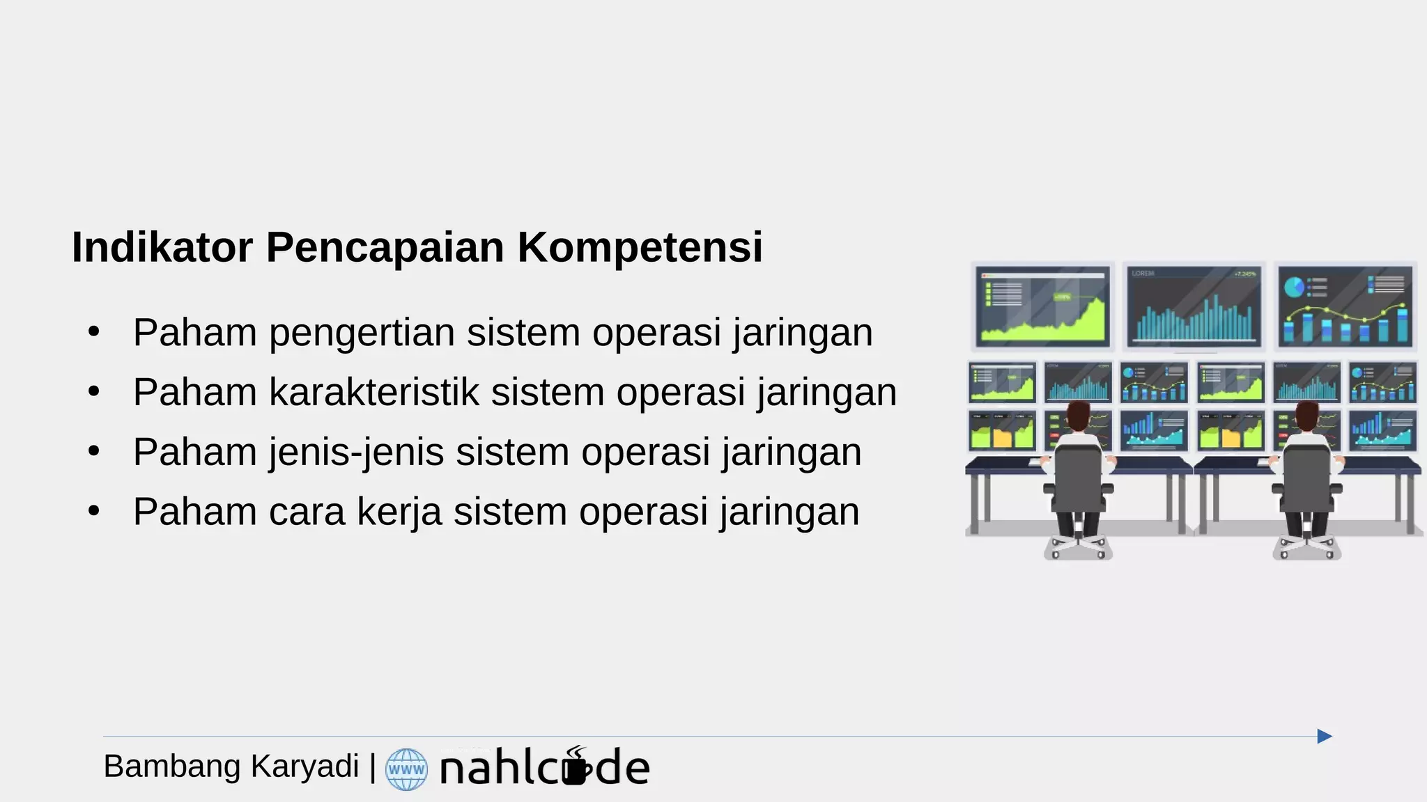 Indikator Pencapaian Kompetensi
●
Paham pengertian sistem operasi jaringan
●
Paham karakteristik sistem operasi jaringan
●
Paham jenis-jenis sistem operasi jaringan
●
Paham cara kerja sistem operasi jaringan
Bambang Karyadi |
 