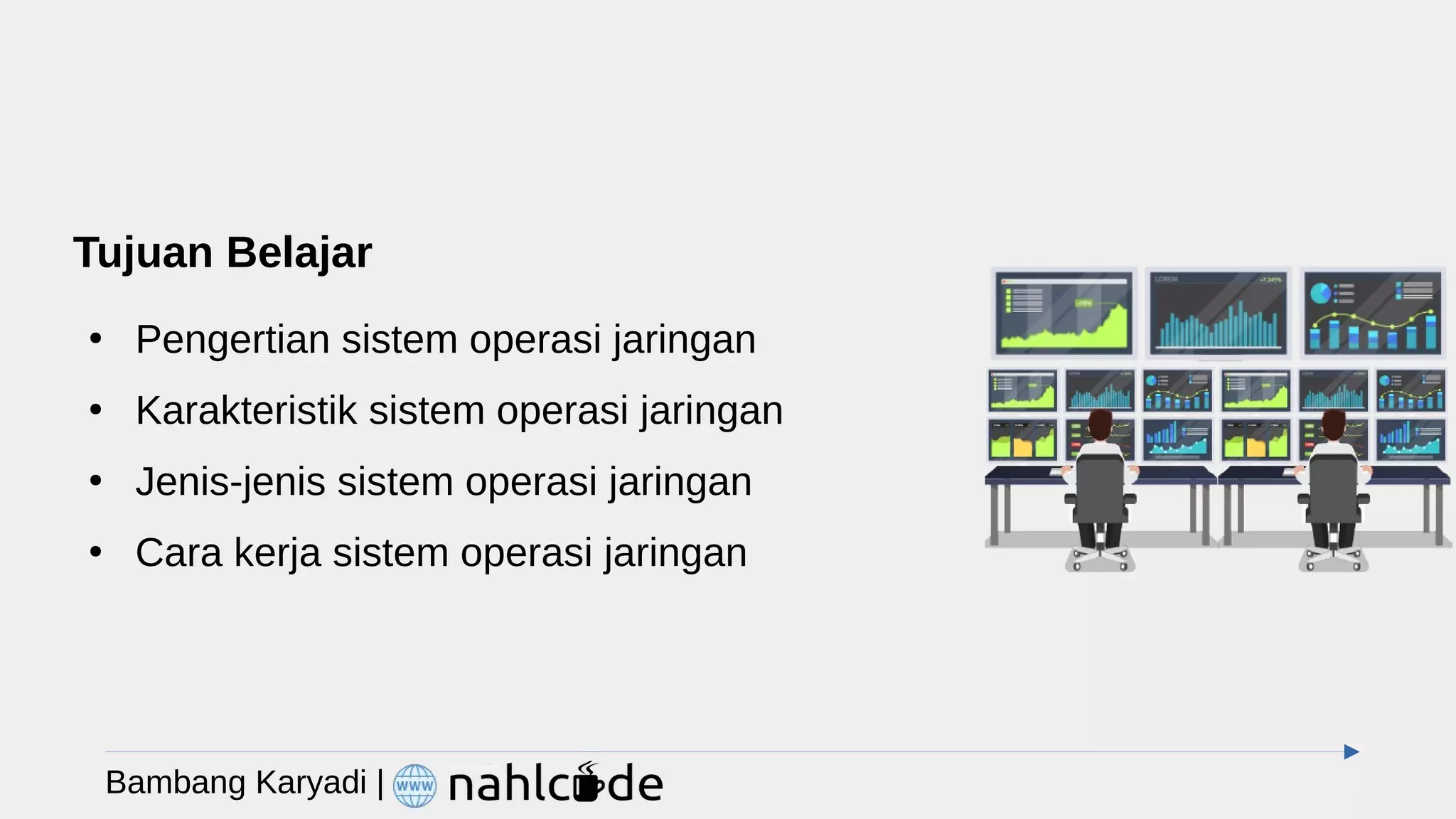 Tujuan Belajar
●
Pengertian sistem operasi jaringan
●
Karakteristik sistem operasi jaringan
●
Jenis-jenis sistem operasi jaringan
●
Cara kerja sistem operasi jaringan
Bambang Karyadi |
 