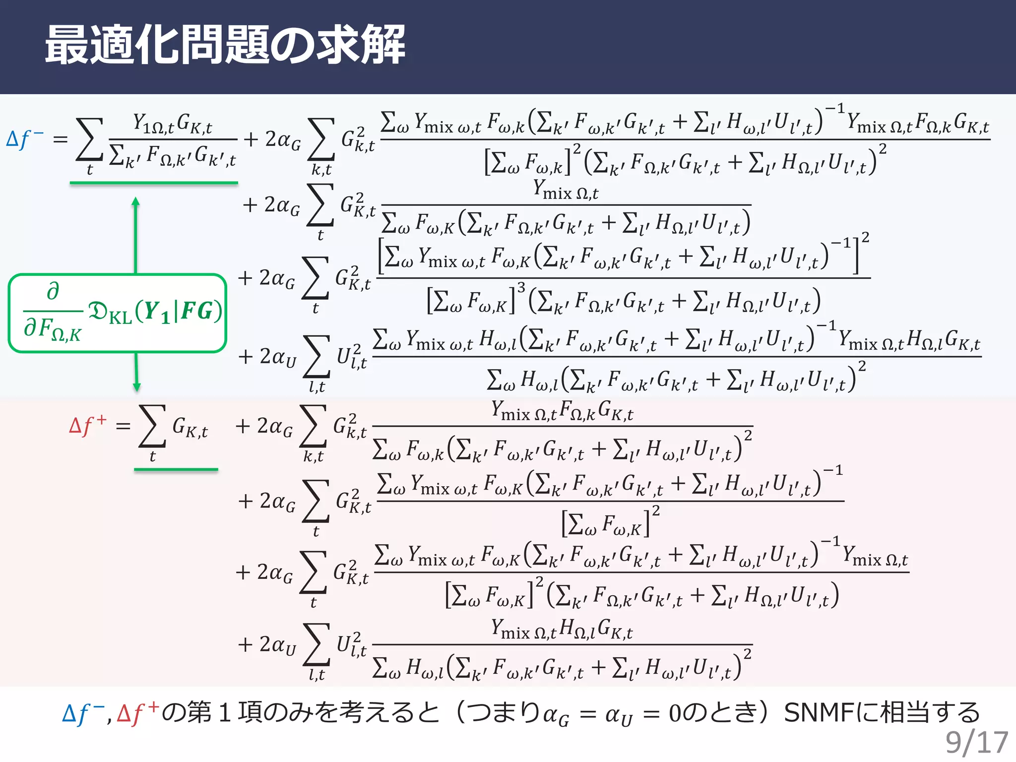 最適化問題の求解
Δ𝑓−
=
𝑌1Ω,𝑡 𝐺 𝐾,𝑡
𝐹Ω,𝑘′ 𝐺 𝑘′,𝑡𝑘′
𝑡
+ 2𝛼 𝐺 𝐺 𝑘,𝑡
2
𝑘,𝑡
𝑌mix 𝜔,𝑡𝜔 𝐹 𝜔,𝑘 𝐹 𝜔,𝑘′ 𝐺 𝑘′,𝑡𝑘′ + 𝐻 𝜔,𝑙′ 𝑈𝑙′,𝑡𝑙′
−1
𝑌mix Ω,𝑡 𝐹Ω,𝑘 𝐺 𝐾,𝑡
𝐹 𝜔,𝑘𝜔
2
𝐹Ω,𝑘′ 𝐺 𝑘′,𝑡𝑘′ + 𝐻Ω,𝑙′ 𝑈𝑙′,𝑡𝑙′
2
+ 2𝛼 𝐺 𝐺 𝐾,𝑡
2
𝑡
𝑌mix Ω,𝑡
𝐹 𝜔,𝐾 𝐹Ω,𝑘′ 𝐺 𝑘′,𝑡𝑘′ + 𝐻Ω,𝑙′ 𝑈𝑙′,𝑡𝑙′𝜔
+ 2𝛼 𝐺 𝐺 𝐾,𝑡
2
𝑡
𝑌mix 𝜔,𝑡𝜔 𝐹 𝜔,𝐾 𝐹 𝜔,𝑘′ 𝐺 𝑘′,𝑡𝑘′ + 𝐻 𝜔,𝑙′ 𝑈𝑙′,𝑡𝑙′
−1 2
𝐹 𝜔,𝐾𝜔
3
𝐹Ω,𝑘′ 𝐺 𝑘′,𝑡𝑘′ + 𝐻Ω,𝑙′ 𝑈𝑙′,𝑡𝑙′
+ 2𝛼 𝑈 𝑈𝑙,𝑡
2
𝑙,𝑡
𝑌mix 𝜔,𝑡𝜔 𝐻 𝜔,𝑙 𝐹 𝜔,𝑘′ 𝐺 𝑘′,𝑡𝑘′ + 𝐻 𝜔,𝑙′ 𝑈𝑙′,𝑡𝑙′
−1
𝑌mix Ω,𝑡 𝐻Ω,𝑙 𝐺 𝐾,𝑡
𝐻 𝜔,𝑙 𝐹 𝜔,𝑘′ 𝐺 𝑘′,𝑡𝑘′ + 𝐻 𝜔,𝑙′ 𝑈𝑙′,𝑡𝑙′
2
𝜔
Δ𝑓+
= 𝐺 𝐾,𝑡
𝑡
+ 2𝛼 𝐺 𝐺 𝑘,𝑡
2
𝑘,𝑡
𝑌mix Ω,𝑡 𝐹Ω,𝑘 𝐺 𝐾,𝑡
𝐹 𝜔,𝑘 𝐹 𝜔,𝑘′ 𝐺 𝑘′,𝑡𝑘′ + 𝐻 𝜔,𝑙′ 𝑈𝑙′,𝑡𝑙′
2
𝜔
+ 2𝛼 𝐺 𝐺 𝐾,𝑡
2
𝑡
𝑌mix 𝜔,𝑡𝜔 𝐹 𝜔,𝐾 𝐹 𝜔,𝑘′ 𝐺 𝑘′,𝑡𝑘′ + 𝐻 𝜔,𝑙′ 𝑈𝑙′,𝑡𝑙′
−1
𝐹 𝜔,𝐾𝜔
2
+ 2𝛼 𝐺 𝐺 𝐾,𝑡
2
𝑡
𝑌mix 𝜔,𝑡𝜔 𝐹 𝜔,𝐾 𝐹 𝜔,𝑘′ 𝐺 𝑘′,𝑡𝑘′ + 𝐻 𝜔,𝑙′ 𝑈𝑙′,𝑡𝑙′
−1
𝑌mix Ω,𝑡
𝐹 𝜔,𝐾𝜔
2
𝐹Ω,𝑘′ 𝐺 𝑘′,𝑡𝑘′ + 𝐻Ω,𝑙′ 𝑈𝑙′,𝑡𝑙′
+ 2𝛼 𝑈 𝑈𝑙,𝑡
2
𝑙,𝑡
𝑌mix Ω,𝑡 𝐻Ω,𝑙 𝐺 𝐾,𝑡
𝐻 𝜔,𝑙 𝐹 𝜔,𝑘′ 𝐺 𝑘′,𝑡𝑘′ + 𝐻 𝜔,𝑙′ 𝑈𝑙′,𝑡𝑙′
2
𝜔
Δ𝑓−, Δ𝑓+の第１項のみを考えると（つまり𝛼 𝐺 = 𝛼 𝑈 = 0のとき）SNMFに相当する
𝜕
𝜕𝐹Ω,𝐾
𝔇KL 𝒀 𝟏 𝑭𝑮
9/17
 