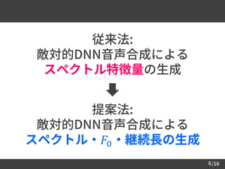 /166
提案法:
敵対的DNN音声合成による
スペクトル・𝐹0・継続長の生成
従来法:
敵対的DNN音声合成による
スペクトル特徴量の生成
 