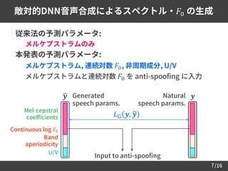 /167
敵対的DNN音声合成によるスペクトル・𝐹0 の生成
 従来法の予測パラメータ:
– メルケプストラムのみ
 本発表の予測パラメータ:
– メルケプストラム, 連続対数 𝐹0, 非周期成分, U/V
– メルケプストラムと連続対数 𝐹0 を anti-spoofing に入力
Generated
speech params.
Mel-cepstral
coefficients
Continuous log 𝐹0
U/V
Band
aperiodicity
Natural
speech params.
𝒚ෝ𝒚
𝐿G 𝒚, ෝ𝒚
Input to anti-spoofing
 