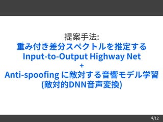 /124
提案手法:
重み付き差分スペクトルを推定する
Input-to-Output Highway Net
+
Anti-spoofing に敵対する音響モデル学習
(敵対的DNN音声変換)
 