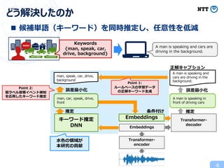 Hello!
vroooooomBEEP BEEP
4
どう解決したのか
n 候補単語（キーワード）を同時推定し、任意性を低減
A man is speaking and cars are
driving in the background.
Keywords
{man, speak, car,
drive, background}
Embeddings
Transformer-
encoder
A man is speaking and
cars are driving in the
background.
正解キャプション
推定
誤差最⼩化
Transformer-
decoder
A man is speaking in
front of driving cars
man, speak, car, drive,
background
Embeddingsキーワード推定
DNN
推定
誤差最⼩化
man, car, speak, drive,
front
⽔⾊の領域が
本研究の貢献
Point 1:
ルールベースの学習データ
の正解キーワード⽣成
Point 2:
弱ラベル⾳響イベント検知
を応⽤したキーワード推定
条件付け
 