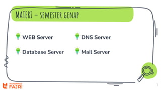 MATERI – semester genap
3
WEB Server DNS Server
Database Server Mail Server
 
