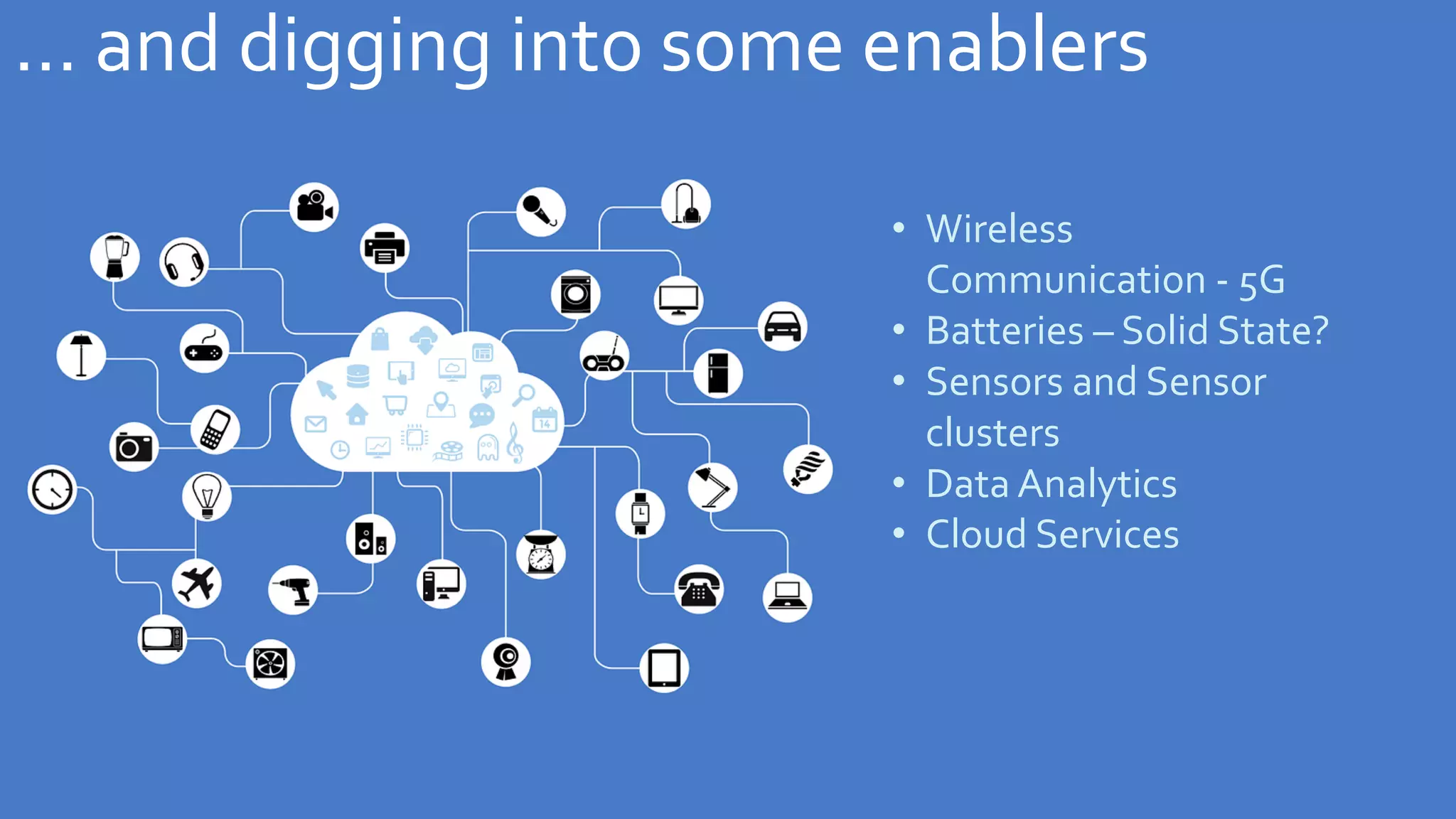 • Wireless
Communication - 5G
• Batteries – Solid State?
• Sensors and Sensor
clusters
• Data Analytics
• Cloud Services
… and digging into some enablers
 