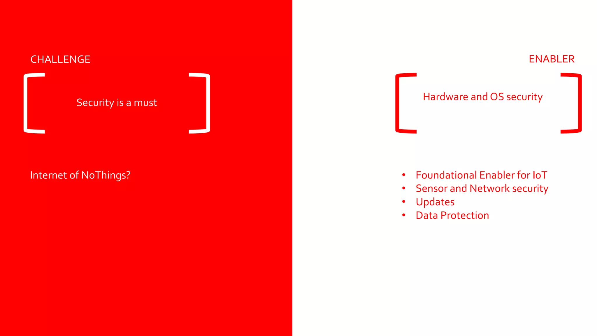 CHALLENGE ENABLER
Security is a must
Hardware and OS security
Internet of NoThings? • Foundational Enabler for IoT
• Sensor and Network security
• Updates
• Data Protection
 