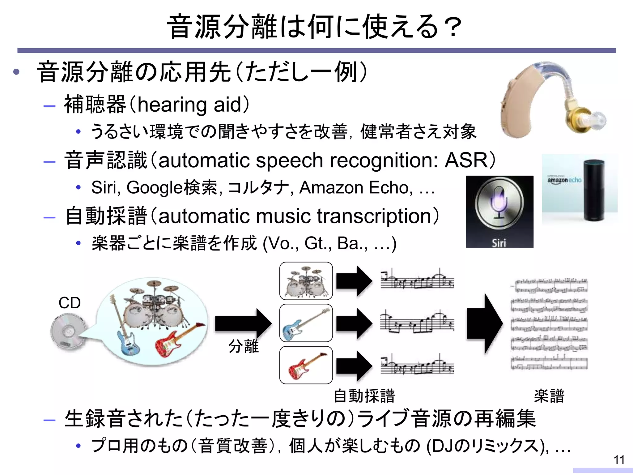 • 音源分離の応用先（ただし一例）
– 補聴器（hearing aid）
• うるさい環境での聞きやすさを改善，健常者さえ対象
– 音声認識（automatic speech recognition: ASR）
• Siri, Google検索, コルタナ, Amazon Echo, …
– 自動採譜（automatic music transcription）
• 楽器ごとに楽譜を作成 (Vo., Gt., Ba., …)
– 生録音された（たった一度きりの）ライブ音源の再編集
• プロ用のもの（音質改善），個人が楽しむもの (DJのリミックス), …
音源分離は何に使える？
11
分離
自動採譜
CD
楽譜
 