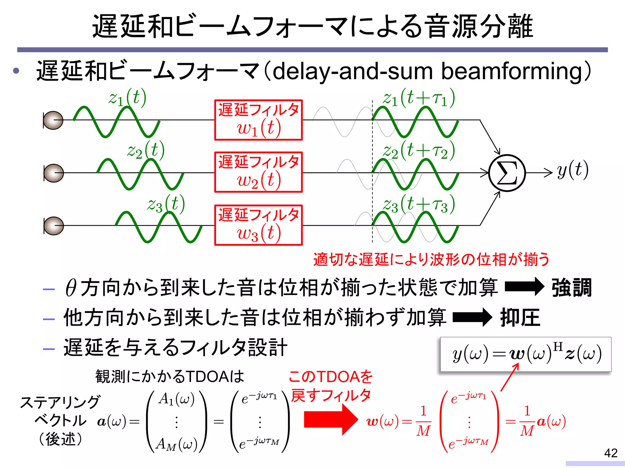 遅延和ビームフォーマによる音源分離
• 遅延和ビームフォーマ（delay-and-sum beamforming）
– 方向から到来した音は位相が揃った状態で加算 強調
– 他方向から到来した音は位相が揃わず加算 抑圧
– 遅延を与えるフィルタ設計
42
遅延フィルタ
遅延フィルタ
遅延フィルタ
適切な遅延により波形の位相が揃う
観測にかかるTDOAは このTDOAを
戻すフィルタステアリング
ベクトル
（後述）
 