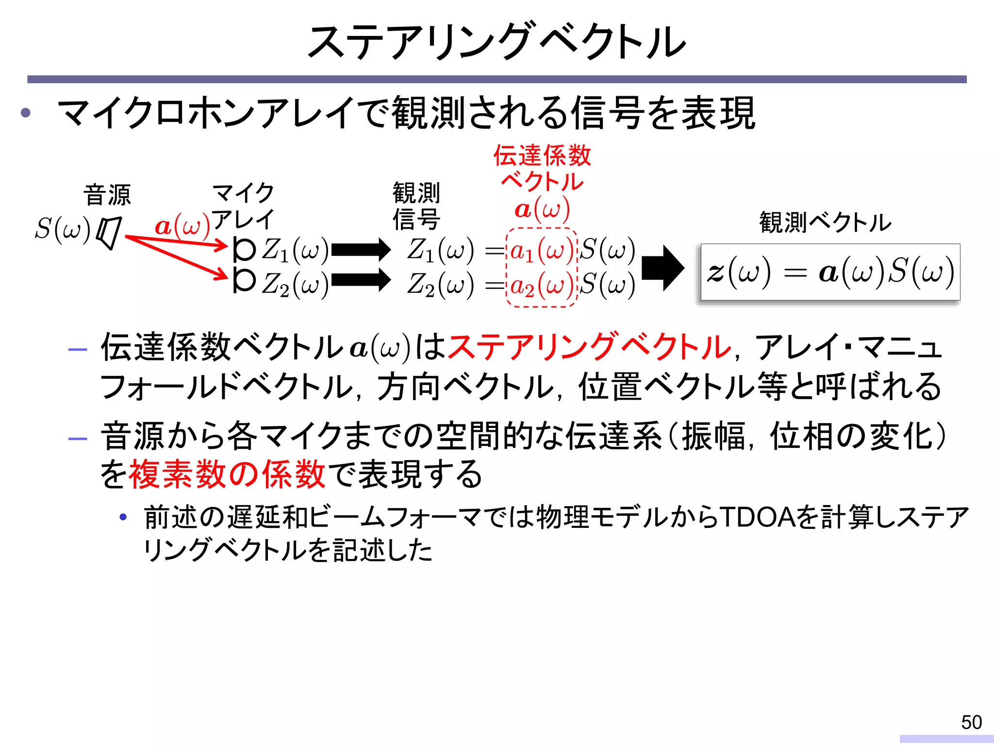 • マイクロホンアレイで観測される信号を表現
– 伝達係数ベクトル はステアリングベクトル，アレイ・マニュ
フォールドベクトル，方向ベクトル，位置ベクトル等と呼ばれる
– 音源から各マイクまでの空間的な伝達系（振幅，位相の変化）
を複素数の係数で表現する
• 前述の遅延和ビームフォーマでは物理モデルからTDOAを計算しステア
リングベクトルを記述した
ステアリングベクトル
50
マイク
アレイ
観測
信号
音源
伝達係数
ベクトル
観測ベクトル
 