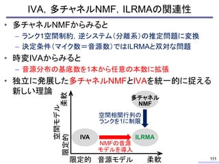 IVA，多チャネルNMF，ILRMAの関連性
• 多チャネルNMFからみると
– ランク1空間制約，逆システム（分離系）の推定問題に変換
– 決定条件（マイク数＝音源数）ではILRMAと双対な問題
• 時変IVAからみると
– 音源分布の基底数...