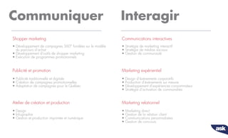 • Développement de campagnes 360° fondées sur le modèle
du parcours d’achat
• Développement d'outils de shopper marketing
• Exécution de programmes promotionnels
Shopper marketing
• Publicité traditionnelle et digitale
• Création de campagnes promotionnelles
• Adaptation de campagnes pour le Québec
Publicité et promotion
• Design
• Infographie
• Gestion et production imprimée et numérique
Atelier de création et production
Communiquer
• Stratégie de marketing interactif
• Stratégie de médias sociaux
• Gestion de communauté
Communications interactives
• Design d’événements corporatifs
• Production d'événements sur mesure
• Développement d'expériences consommateur
• Stratégie d’activation de commandites
Marketing expérientiel
• Marketing direct
• Gestion de la relation client
• Communications personnalisées
• Gestion de concours
Marketing relationnel
Interagir
 