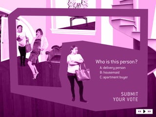 Who is this person?
 A: delivery person	
 B: housemaid
 C: apartment buyer



             SUBmIT	
          YOUR vote
 