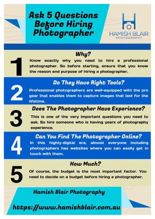 Ask 5 Questions Before Hiring Photographer - Infographic