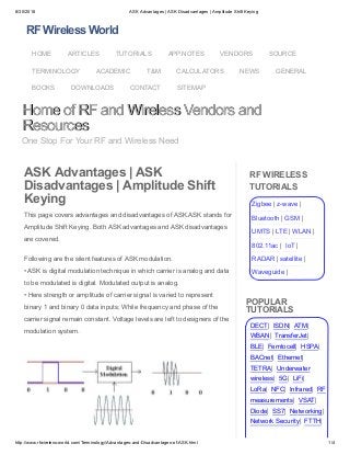 8/30/2018 ASK Advantages | ASK Disadvantages | Amplitude Shift Keying
http://www.rfwireless-world.com/Terminology/Advantages-and-Disadvantages-of-ASK.html 1/4
RF Wireless World
ASK Advantages | ASK
Disadvantages | Amplitude Shift
Keying
This page covers advantages and disadvantages of ASK.ASK stands for
Amplitude Shift Keying. Both ASK advantages and ASK disadvantages
are covered.
Following are the silent features of ASK modulation.
• ASK is digital modulation technique in which carrier is analog and data
to be modulated is digital. Modulated output is analog.
• Here strength or amplitude of carrier signal is varied to represent
binary 1 and binary 0 data inputs; While frequency and phase of the
carrier signal remain constant. Voltage levels are left to designers of the
modulation system.
RF WIRELESS
TUTORIALS
Zigbee | z-wave |
Bluetooth | GSM |
UMTS | LTE | WLAN |
802.11ac | IoT |
RADAR | satellite |
Waveguide |
POPULAR
TUTORIALS
DECT| ISDN| ATM|
WBAN| TransferJet|
BLE| Femtocell| HSPA|
BACnet| Ethernet|
TETRA| Underwater
wireless| 5G| LiFi|
LoRa| NFC| Infrared| RF
measurements| VSAT|
Diode| SS7| Networking|
Network Security| FTTH|
Home of RF and Wireless Vendors andHome of RF and Wireless Vendors and
ResourcesResources
One Stop For Your RF and Wireless Need
HOME ARTICLES TUTORIALS APP.NOTES VENDORS SOURCE
TERMINOLOGY ACADEMIC T&M CALCULATORS NEWS GENERAL
BOOKS DOWNLOADS CONTACT SITEMAP
 