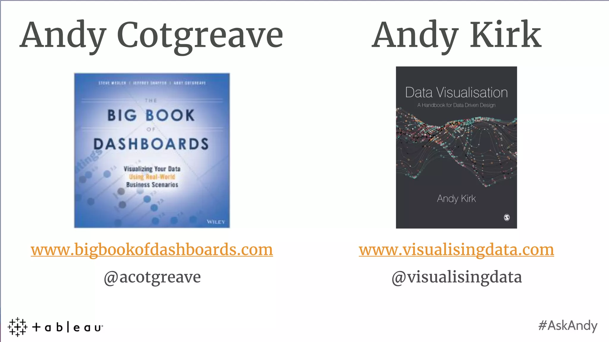 #AskAndy #AskAndy
www.visualisingdata.com
@visualisingdata
Andy Kirk
www.bigbookofdashboards.com
@acotgreave
Andy Cotgreave
 