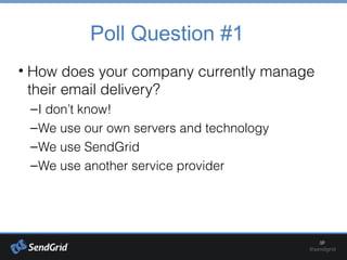 Poll Question #1
• How does your company currently manage
their email delivery?
–I don’t know!
–We use our own servers and technology
–We use SendGrid
–We use another service provider
 