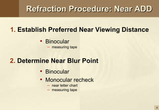 6
2. Determine Near Blur Point
• Binocular
• Monocular recheck
– near letter chart
– measuring tape
• Binocular
– measuring tape
Refraction Procedure: Near ADD
1. Establish Preferred Near Viewing Distance
 