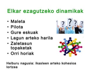 Elkar ezagutzeko dinamikak
• Maleta
• Pilota
• Gure eskuak
• Lagun arteko harila
• Zaletasun
  topaketak
• Orri horiak

Helburu nagusia: ikasleen arteko kohesioa
lortzea
 