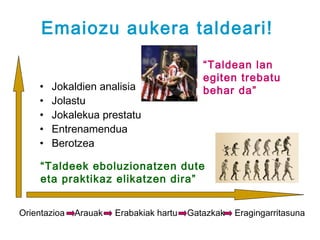 Emaiozu aukera taldeari!
                                            “Taldean lan
                                            egiten trebatu
    •   Jokaldien analisia                  behar da”
    •   Jolastu
    •   Jokalekua prestatu
    •   Entrenamendua
    •   Berotzea

     “Taldeek eboluzionatzen dute
     eta praktikaz elikatzen dira”


Orientazioa   Arauak   Erabakiak hartu   Gatazkak   Eragingarritasuna
 