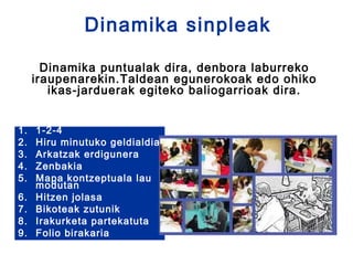 Dinamika sinpleak

       Dinamika puntualak dira, denbora laburreko
     iraupenarekin.Taldean egunerokoak edo ohiko
        ikas-jarduerak egiteko baliogarrioak dira.


1.   1-2-4
2.   Hiru minutuko geldialdia
3.   Arkatzak erdigunera
4.   Zenbakia
5.   Mapa kontzeptuala lau
     modutan
6.   Hitzen jolasa
7.   Bikoteak zutunik
8.   Irakurketa partekatuta
9.   Folio birakaria
 