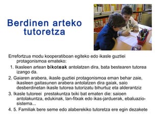 Berdinen arteko
   tutoretza

Errefortzua modu kooperatiboan egiteko edo ikasle guztiei
     protagonismoa emateko:
 1. Ikasleen artean bikoteak antolatzen dira, bata bestearen tutorea
     izango da.
2. Gaiaren arabera, ikasle guztiei protagonismoa eman behar zaie,
     ikasleen gaitasunen arabera antolatzen dira gaiak, saio
     desberdinetan ikasle tutorea tutorizatu bihurtuz eta alderantziz
3. Ikasle tutoreei prestakuntza txiki bat ematen die: saioen
     antolakuntza, edukinak, lan-fitxak edo ikas-jarduerak, ebaluazio-
     sistema...
4. 5. Familiak bere seme edo alaberekiko tutoretza ere egin dezakete
 
