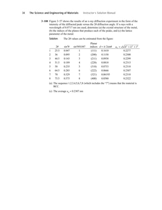 3–108 Figure 3–57 shows the results of an x-ray diffraction experiment in the form of the
intensity of the diffracted peak versus the 2u diffraction angle. If x-rays with a
wavelength of 0.0717 nm are used, determine (a) the crystal structure of the metal,
(b) the indices of the planes that produce each of the peaks, and (c) the lattice
parameter of the metal.
Solution: The 2u values can be estimated from the figure:
Planar
2u sin2u sin2u/0.047 indices d = l/2sinu
1 25.5 0.047 1 (111) 0.16100 0.2277
2 36.5 0.095 2 (200) 0.11500 0.2300
3 44.5 0.143 3 (211) 0.09380 0.2299
4 51.5 0.189 4 (220) 0.08180 0.2313
5 58.5 0.235 5 (310) 0.07330 0.2318
6 64.5 0.285 6 (222) 0.06660 0.2307
7 70.5 0.329 7 (321) 0.06195 0.2318
8 75.5 0.375 8 (400) 0.05800 0.2322
(a) The sequence 1,2,3,4,5,6,7,8 (which includes the “7”) means that the material is
BCC.
(c) The average ao = 0.2307 nm
a d h k l
o = + +
2 2 2
34 The Science and Engineering of Materials Instructor’s Solution Manual
 