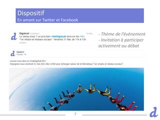 7
En amont sur Twitter et Facebook
Dispositif
- Thème de l’événement
- Invitation à participer
activement au débat
 