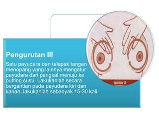 Pengurutan III
Satu payudara dan telapak tangan
menopang yang lainnya mengatur
payudara dari pangkal menuju ke
putting susu. Lakukanlah secara
bergantian pada payudara kiri dan
kanan, lakukanlah sebanyak 15-30 kali.

 